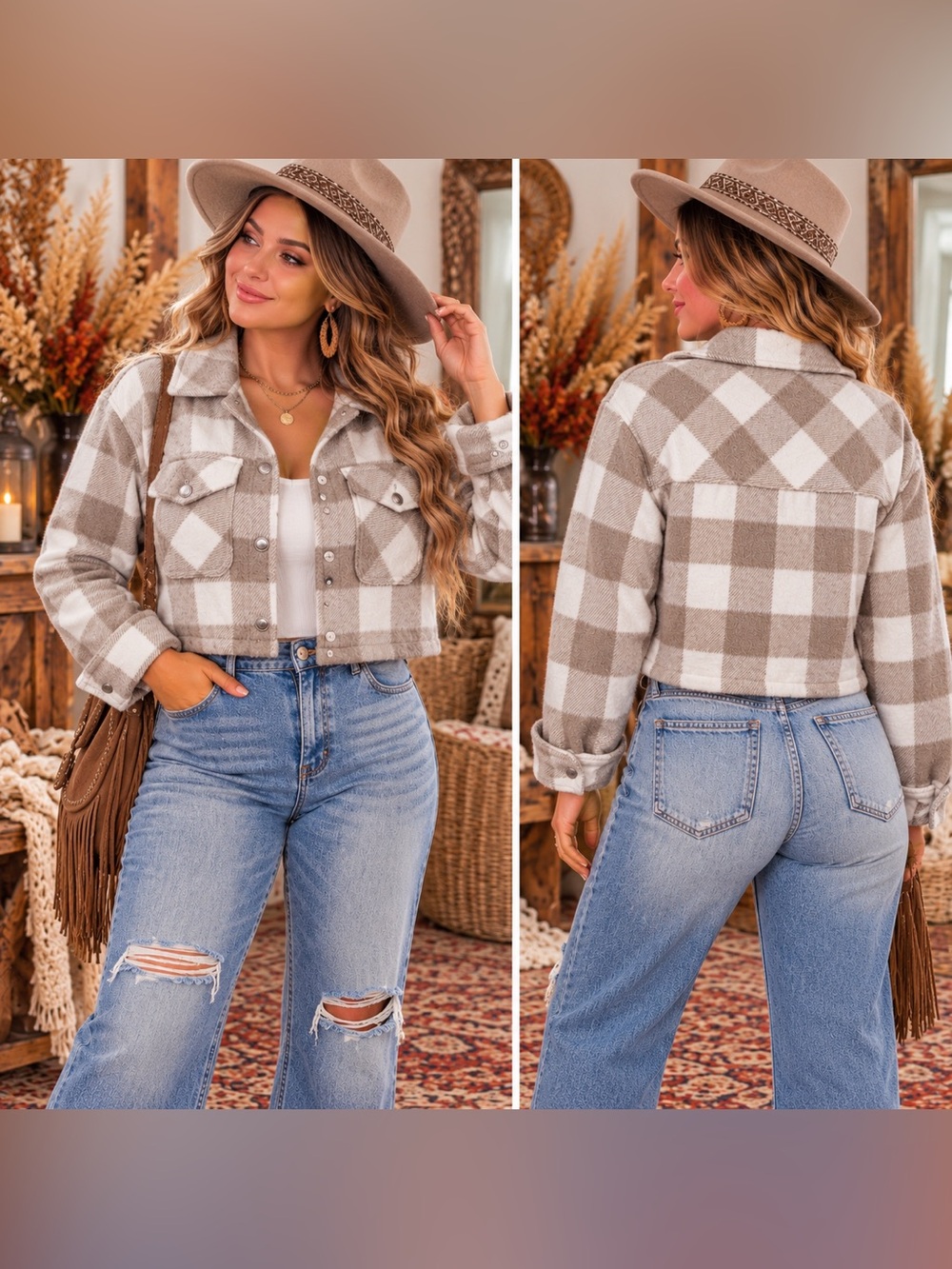 Love Tree Cropped Plaid Shacket Jacket - Taupe & White